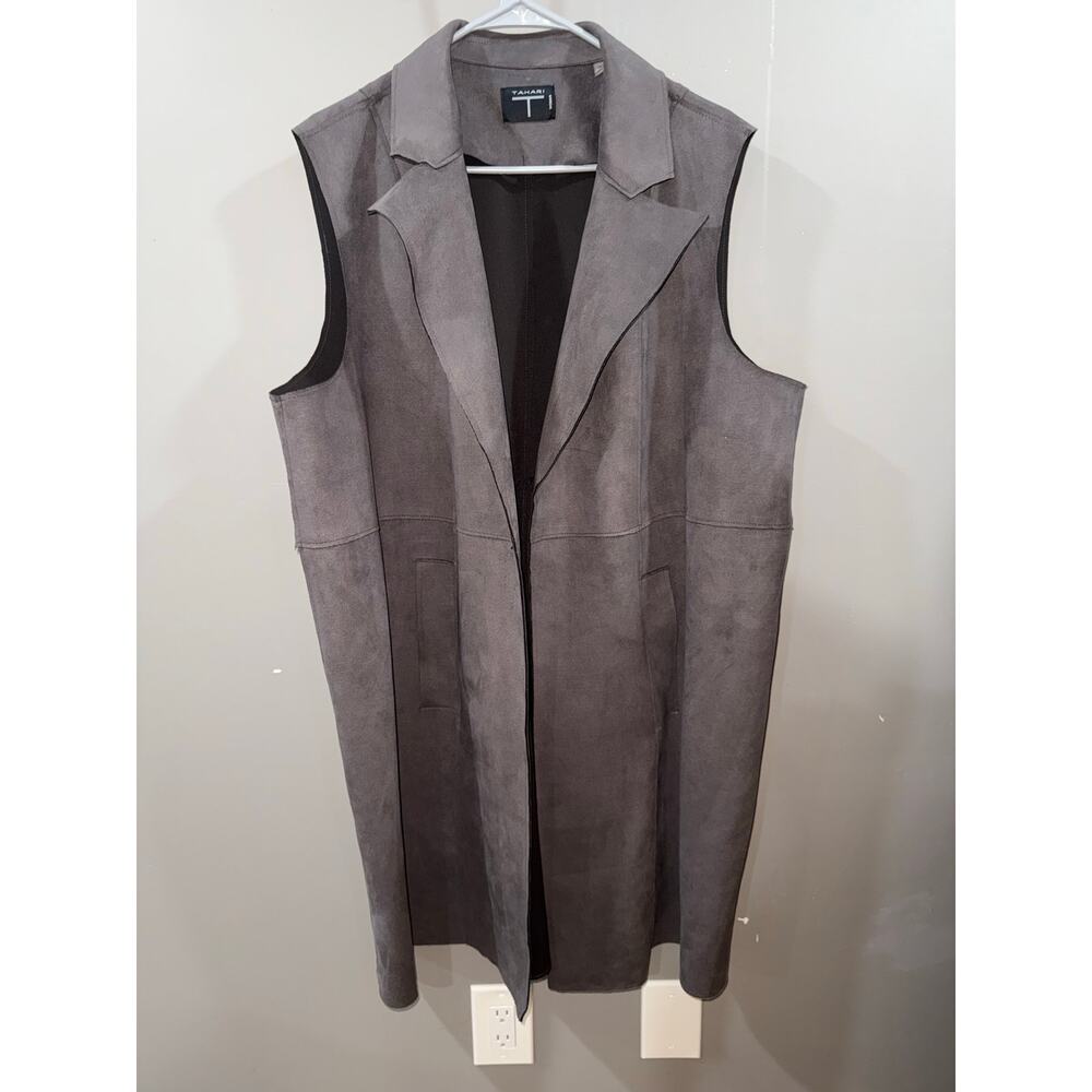 1X Tahari Faux Leather Duster Vest Brown Pockets Open Front